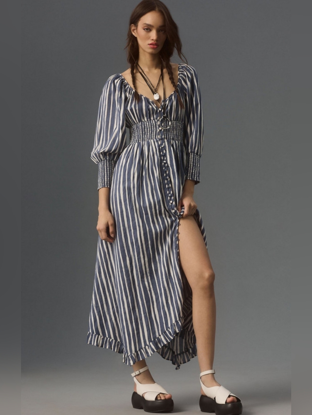 NWOT Anthropologie Blue and White Striped Long Sleeve Sweetheart Midi Dress